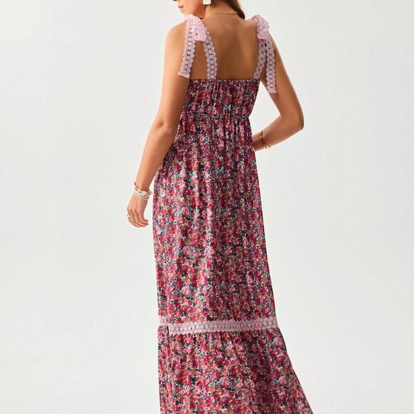 Pink Boho Women's Cowgirl Style Floral Lace Patchwork Dress - Picture 5 of 6